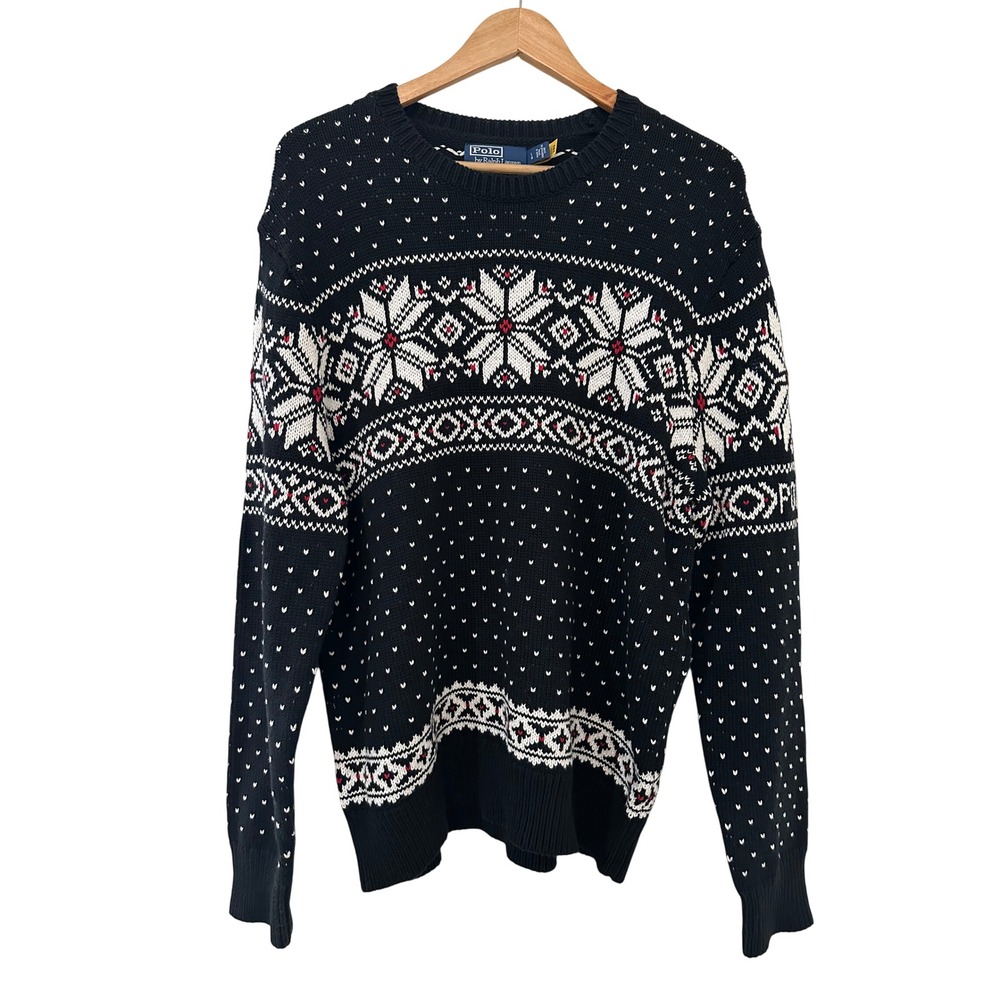 Polo Ralph Lauren Navy Fair Isle Snowflake Cotton Cashmere Sweater Womens Large